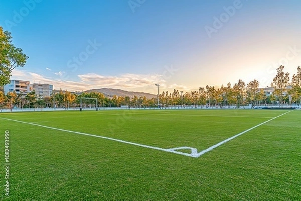 Fototapeta Empty soccer field with green grass and white lines under a blue sky.