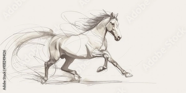 Fototapeta Drawing of a running horse with a flowing mane, isolated on a white background