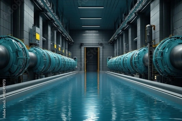 Fototapeta Innovative hydropower generation futuristic facility renewable energy systems controlled environment interior perspective transparent turbine design