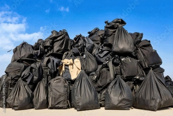 Fototapeta A large pile of black bags stacked against a blue sky, suggesting waste or storage.