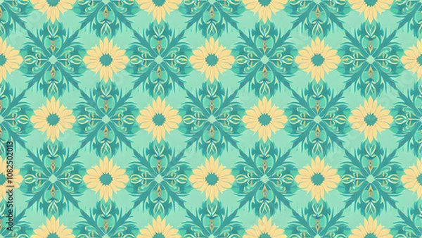 Fototapeta A repeating pattern of teal and yellow floral shapes with a watercolor effect creates a visually appealing and symmetrical design.