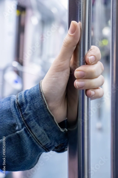 Obraz hand holding a bar inside a train