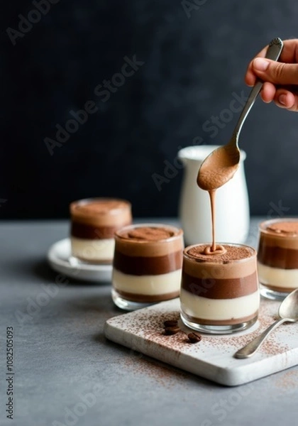 Fototapeta Decadent chocolate mousse in glasses on marble with cocoa dusting and spoon drizzling