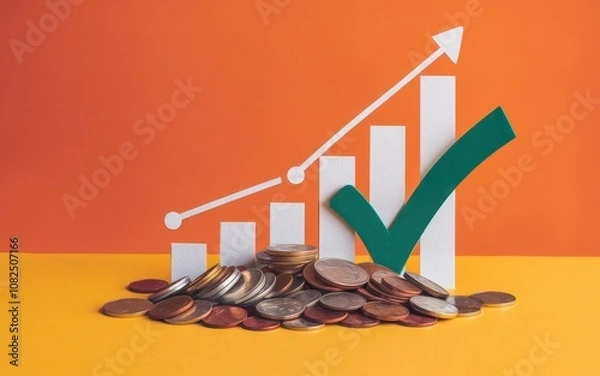 Obraz Financial Growth Concept with Coins, Bar Graph, and Green Check Mark on Orange Background, symbolizing financial success.
