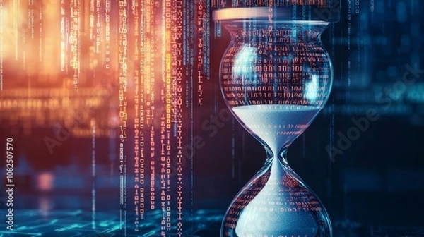 Obraz Digital hourglass symbolizes the passage of time and data flow, blending technology with traditional timekeeping.