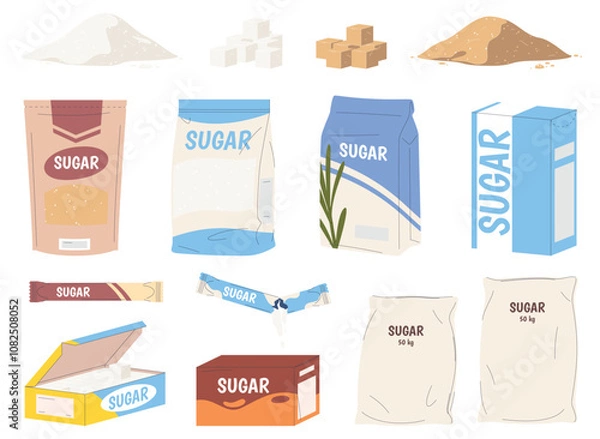 Fototapeta A set of different sugars. Packing sugar in boxes, packages, bags. A delicious sweet product. Sweetening of dishes and drinks. Vector illustration