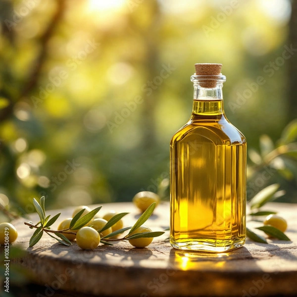 Fototapeta A olive oil concept prepared for mockup, with a glass of bottle on a light wooden table