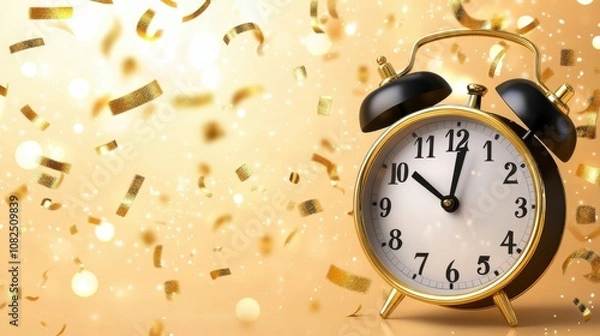 Fototapeta Countdown to midnight celebration festive environment clock and confetti new year’s eve vibrant viewpoint time concept