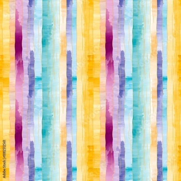 Fototapeta Abstract bright colorful mosaic seamless pattern with vertical stripes in blue or teal, yellow, pink or purple colors and gold lines. Watercolor abstract art.
