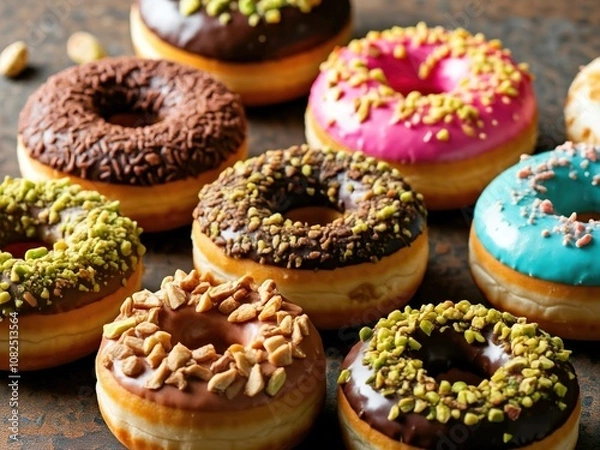 Fototapeta A range of different vegan doughnuts with pistachios, chocolate and nuts.