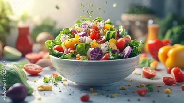 Fototapeta Fresh and Colorful Salad Bowl with Assorted Vegetables and Fruits Surrounded by Ingredients in a Bright Kitchen Setting
