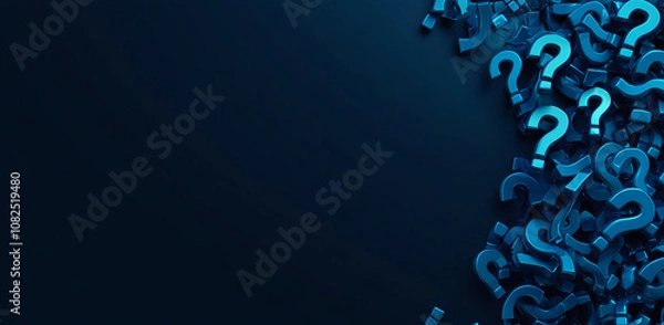 Fototapeta A blue background with many blue question marks scattered on the right side of the frame