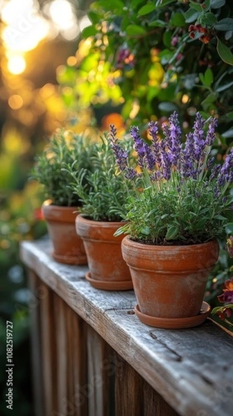 Obraz Rustic pots with lavender at sunset.