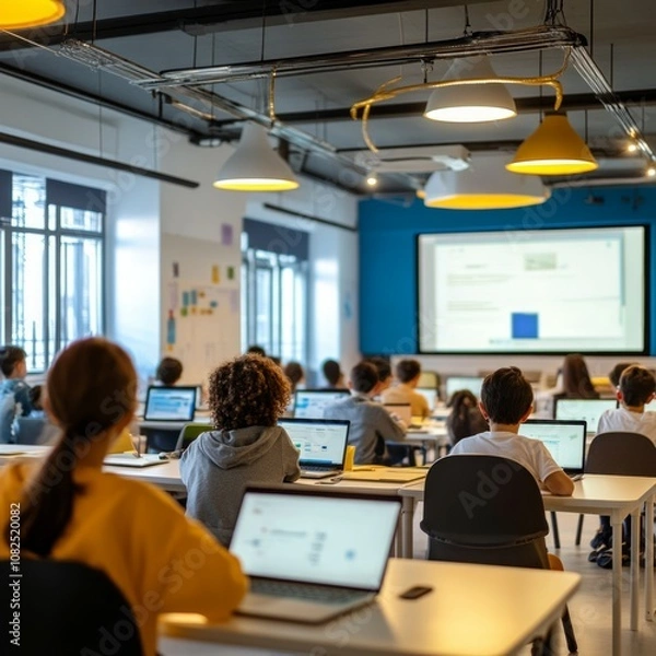 Fototapeta A modern classroom with laptops and interactive screens, with students engaged in digital learning. 