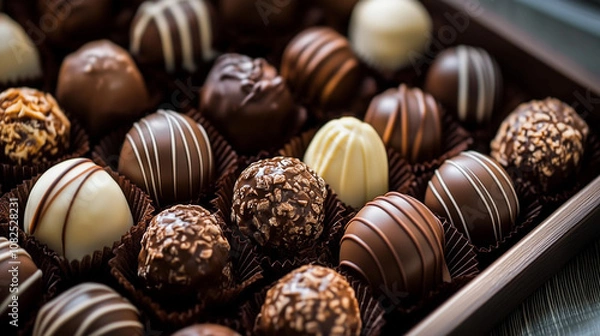 Fototapeta An exquisite assortment of premium chocolate truffles, each delicately crafted with unique textures and flavors, elegantly arranged in a luxurious gift box.