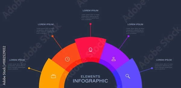 Obraz Semicircular pie chart. Concept of five features of startup project to select. Infographic vector illustration for business information visualization