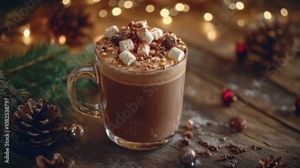 Fototapeta Cozy Hot Chocolate with Marshmallows Surrounded by Holiday Décor