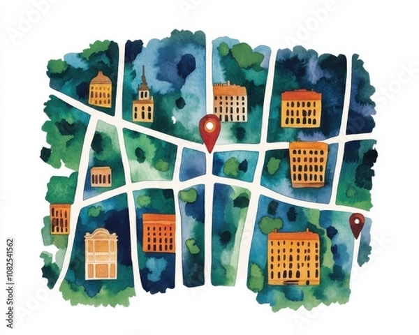 Fototapeta Watercolor city map with buildings and locations marked, isolated on white background.