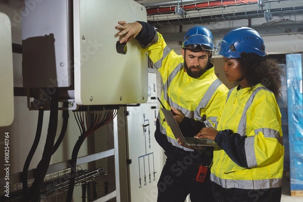 Fototapeta engineering technician Setting up the solar panel inverter in the electrical room Service engineer installs solar cells on factory roofs Concept of clean energy and renewable energy