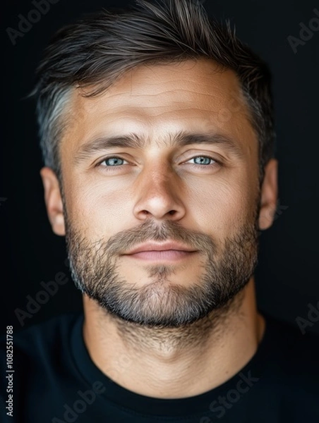 Fototapeta Portrait of a young Russian man with a beard with a thoughtful expression, soft studio lighting on a dark background