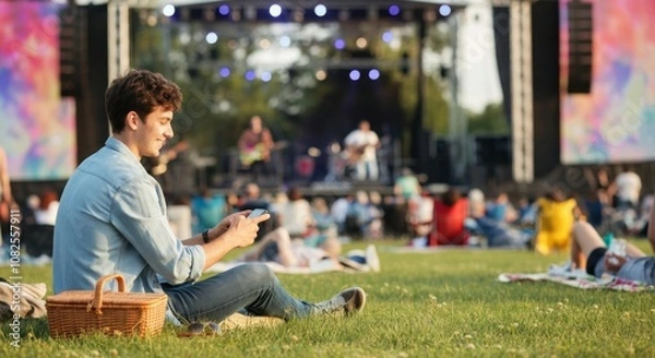 Fototapeta Young man enjoying outdoor music festival with picnic and smart device on sunny day