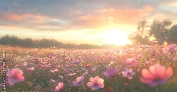 Obraz Colorful Cosmos Flowers in a Meadow at Sunset with Soft Focus and Pastel Tones – Springtime Floral Landscape Background