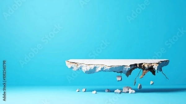 Fototapeta Floating platform with a broken edge against a blue background.