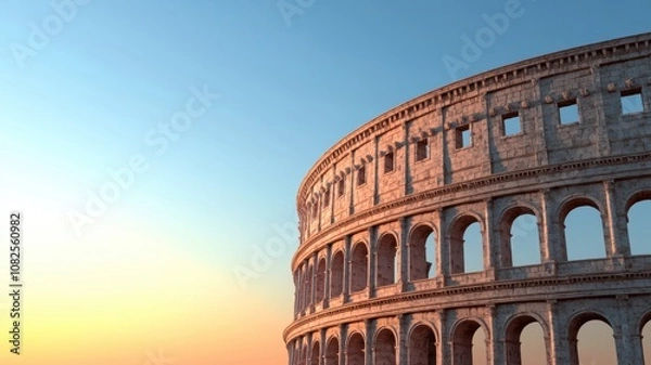 Fototapeta showcases the Colosseum in Rome, featuring its iconic arches against a colorful sunset sky, highlighting ancient architecture and history.
