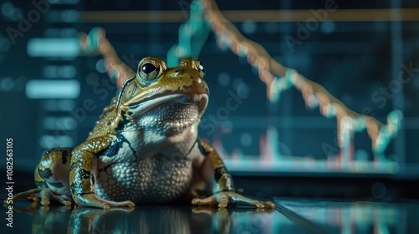 Obraz Frog gazing at Dogecoin graph on screen in a moody setting