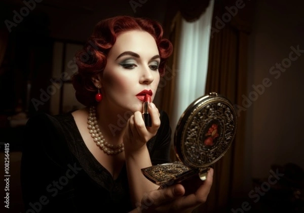 Fototapeta Vintage woman applying red lipstick with decorative mirror