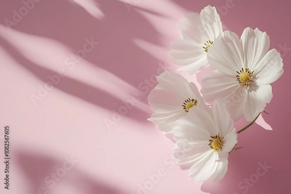 Obraz Flat Lay Composition of White Cosmos Flowers on Pink Background, Elegant Minimalistic Floral Pattern for Web Banner or Greeting Card Template