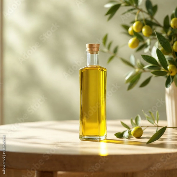 Fototapeta A olive oil concept prepared for mockup, with a glass of bottle on a light wooden table