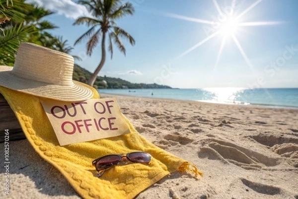 Fototapeta Relaxing Beach Scene with Out of Office Note