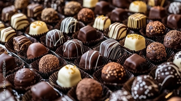 Fototapeta Luxurious display of assorted truffles in dark, milk, and white chocolate with delicate drizzles, nut toppings, and dusted finishes, crafted for ultimate indulgence.