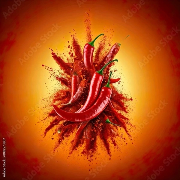 Fototapeta Spicy red chili peppers burst through a cloud of chili powder, creating a dynamic and aromatic scene. Vibrant colors and textures create excitement.