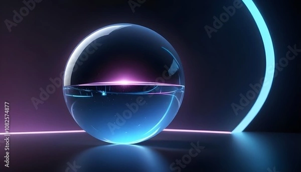 Fototapeta holographic ball in building on black background. 3D rendering of glossy white  ball in holographic