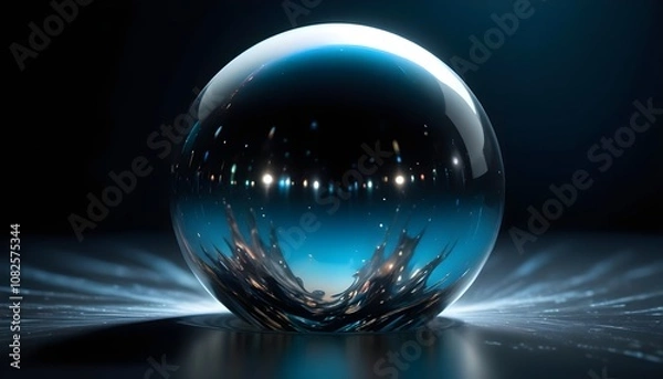 Fototapeta holographic ball in building on black background. 3D rendering of glossy white  ball in holographic