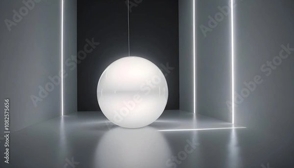 Fototapeta holographic ball in building on black background. 3D rendering of glossy white  ball in holographic