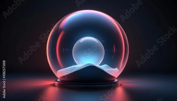 Fototapeta holographic ball in building on black background. 3D rendering of glossy white  ball in holographic