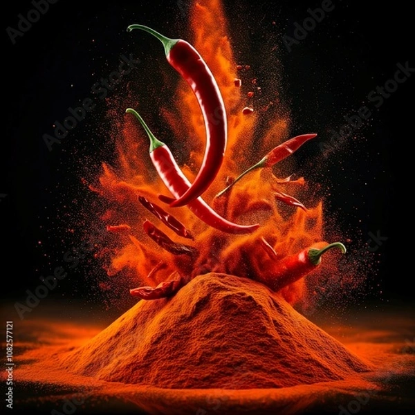 Fototapeta Spicy red chili peppers burst through a cloud of chili powder, creating a dynamic and aromatic scene. Vibrant colors and textures create excitement.