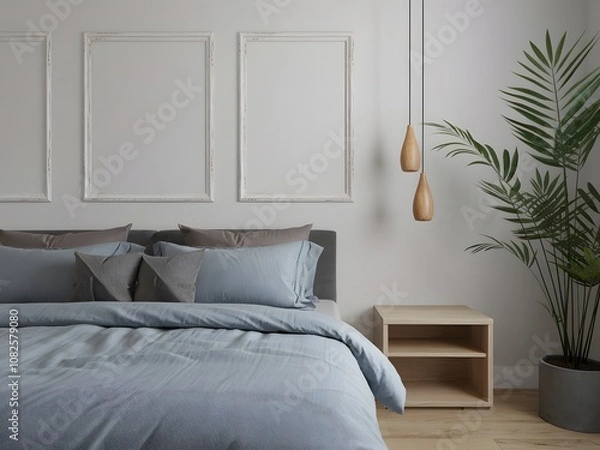 Fototapeta A contemporary bedroom design. Above the bed, three empty frames with white blank.