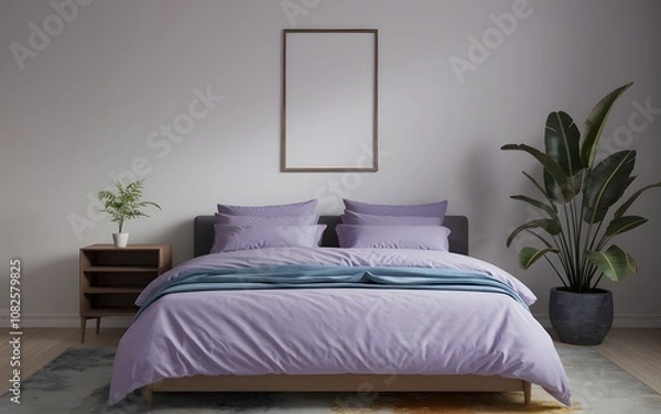 Fototapeta A serene bedroom setting. Above the bed, a blank vertical frame is hung on the wall