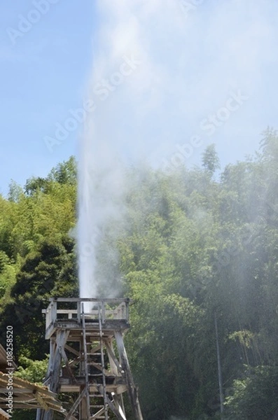 Fototapeta 峰温泉大噴湯公園。東洋一を誇る静岡県賀茂郡河津町・峰温泉の大噴湯です。大正15年11月22日正午に誕生、以来ひとときも絶えることなく噴き上げ続けています。毎分600リットル・100℃の温泉が高さ30mまで噴き上がる自噴泉です。入園無料。1日7回噴き上がります。火曜・金曜はメンテナンスの為定休日となっております。