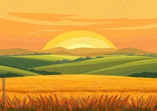 Obraz Sunset Over Wheat Field with Green Hills in Cartoon Style