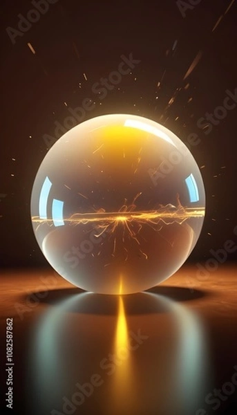 Fototapeta holographic ball in building on black background. 3D rendering of glossy white  ball in holographic