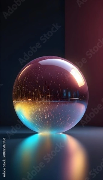Fototapeta holographic ball in building on black background. 3D rendering of glossy white  ball in holographic