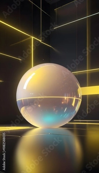 Fototapeta holographic ball in building on black background. 3D rendering of glossy white  ball in holographic