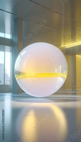 Fototapeta holographic ball in building on black background. 3D rendering of glossy white  ball in holographic