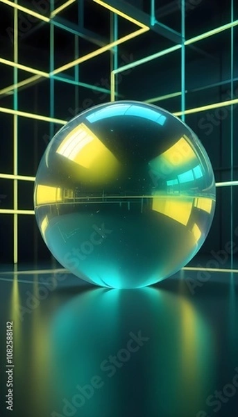 Fototapeta holographic ball in building on black background. 3D rendering of glossy white  ball in holographic