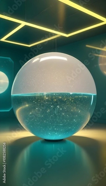 Fototapeta holographic ball in building on black background. 3D rendering of glossy white  ball in holographic